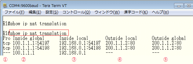 show ip nat translations の見方